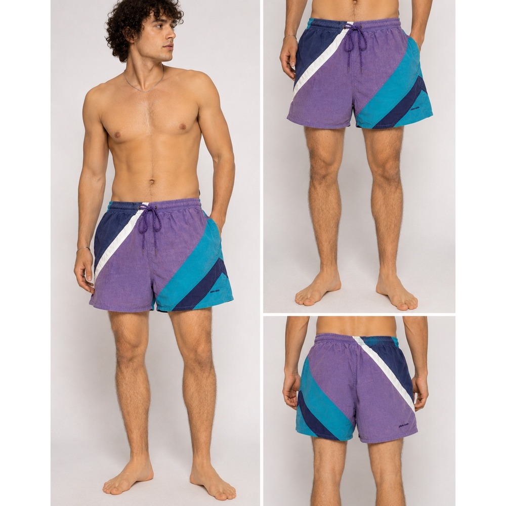 Vintage Pierre Cardin Swim Trunks Mens L Purple Teal Colorblock 80s 90s Retro